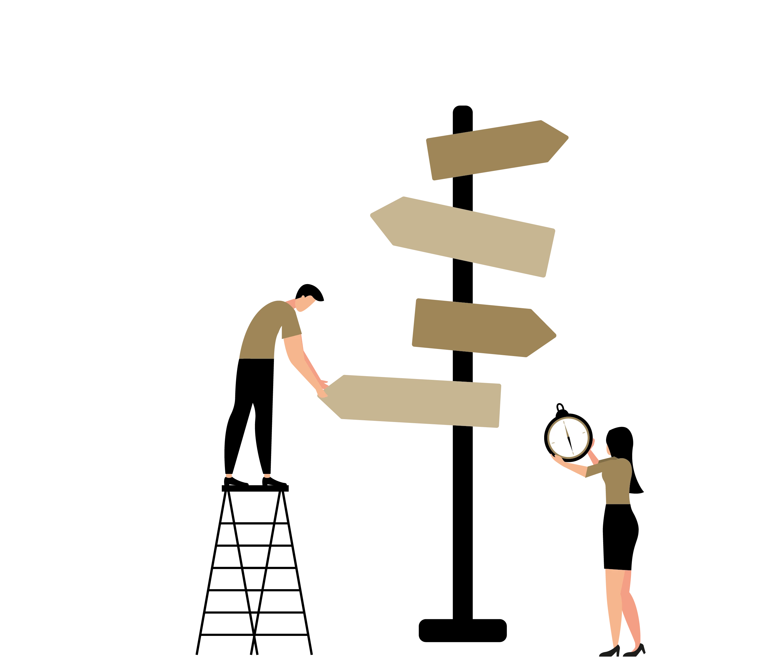 Illustration von einem Mann auf einer Leiter, der ein Wegweiser richtet, und einer Frau mit einem Kompass