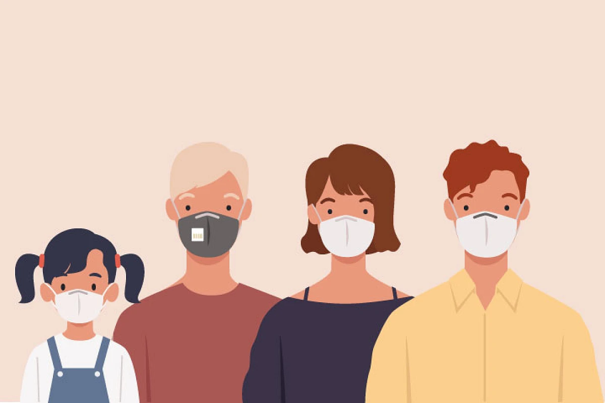 Gezeichnete Personen verschiedenen Alters, Geschlechts und Nationalität mit Mund-Nasen-Masken.