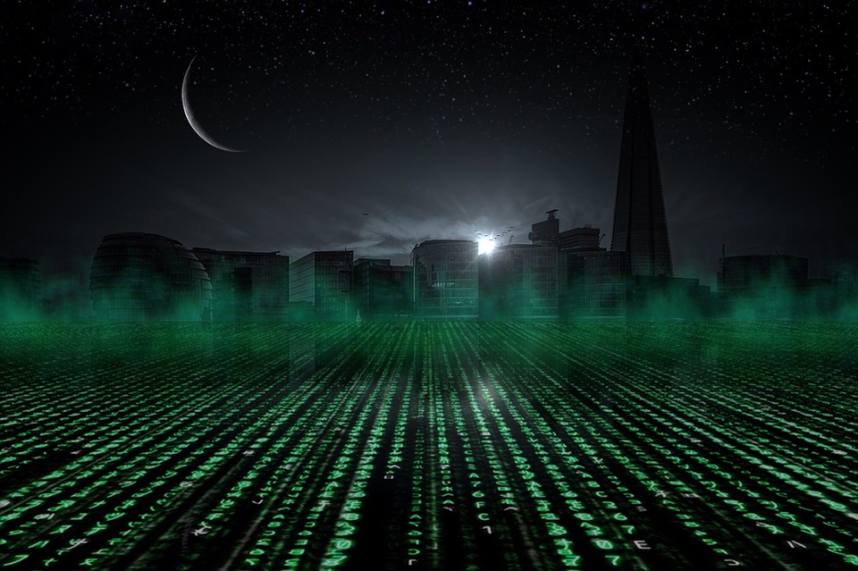 Binärcode in dunkler Skyline